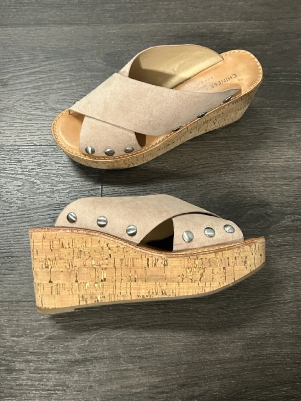 Chinese Laundry Taupe Blush Suede Cork Wedge Studded Sandals